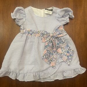 Rare Editions Blue & White Striped Dress with Floral Bow